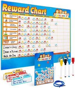 Chores Chart for Multiple Kids - Magnetic Responsibility Chart for Kids - Toddlers Behavior Chart - Reward Chart for Kids at Home - Star Chart - Sticker Chart - Chore Task Board (Blue.)