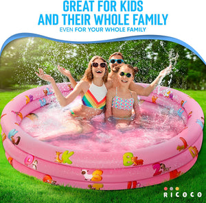 Inflatable Kiddie Pool for Kids - Kids Pools for Backyard - Swimming Pool for Kids, Toddlers, Baby - 3 Ring Pools for Inside and Outside - Durable Material with Soft Blow Up Bubble Botton, Pink